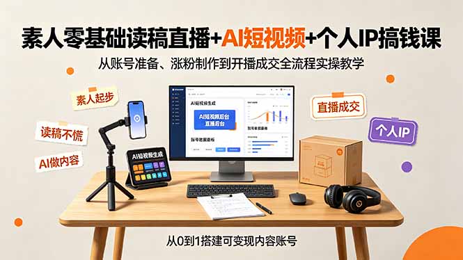 素人零基础读稿直播+AI短视频+个人IP搞钱课，从账号准备、涨粉制作到开播成交全流程实操教学-佰因轻创网