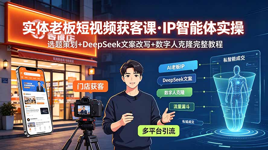 实体老板短视频获客课·IP智能体实操｜选题策划+DeepSeek文案改写+数字人克隆完整教程-佰因轻创网