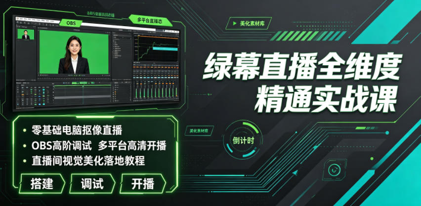 绿幕直播全维度精通实战课|零基础电脑抠像直播、OBS高阶调试、多平台高清开播、直播间视觉美化落地教程-佰因轻创网