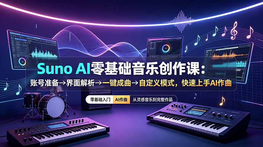 Suno AI零基础音乐创作课：账号准备→界面解析→一键成曲→自定义模式，快速上手AI作曲-佰因轻创网