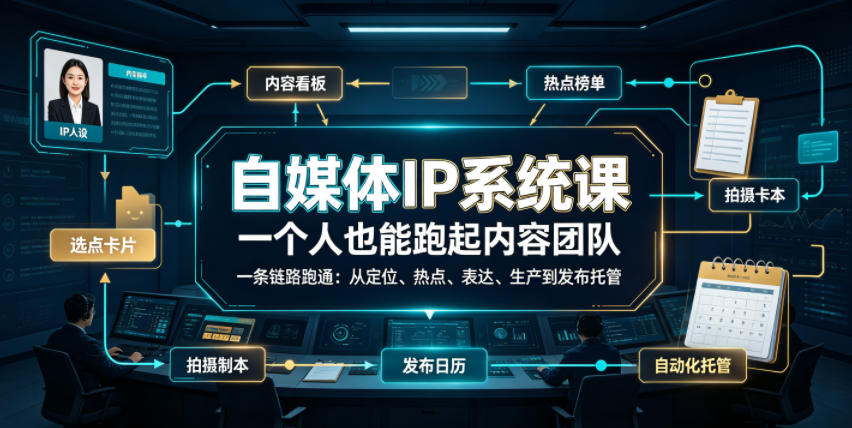 自媒体IP系统课，一个人也能跑起内容团队，一条链路跑通，从定位、热点、表达、生产到发布托管-佰因轻创网