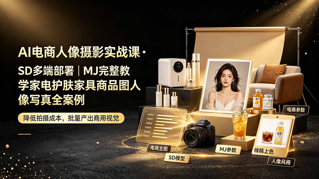 AI电商人像摄影实战课·SD多端部署｜MJ完整教学｜家电护肤家具商品图人像写真全案例-佰因轻创网