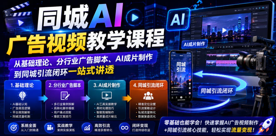 同城AI广告视频教学课程，从基础理论、分行业广告脚本、AI成片制作到同城引流闭环一站式讲透-佰因轻创网