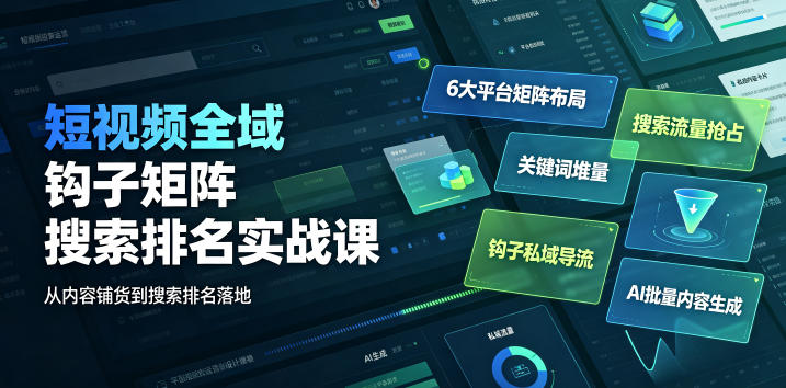 短视频全域钩子矩阵搜索排名实战课｜6大平台矩阵布局、关键词堆量抢占搜索流量、钩子私域导流、AI批量内容生成-佰因轻创网