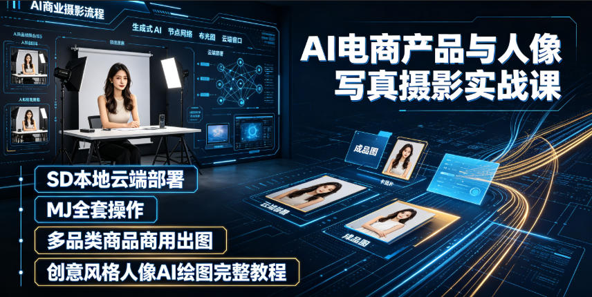 AI电商产品与人像写真摄影实战课｜SD本地云端部署、MJ全套操作、多品类商品商用出图、创意风格人像AI绘图完整教程-佰因轻创网