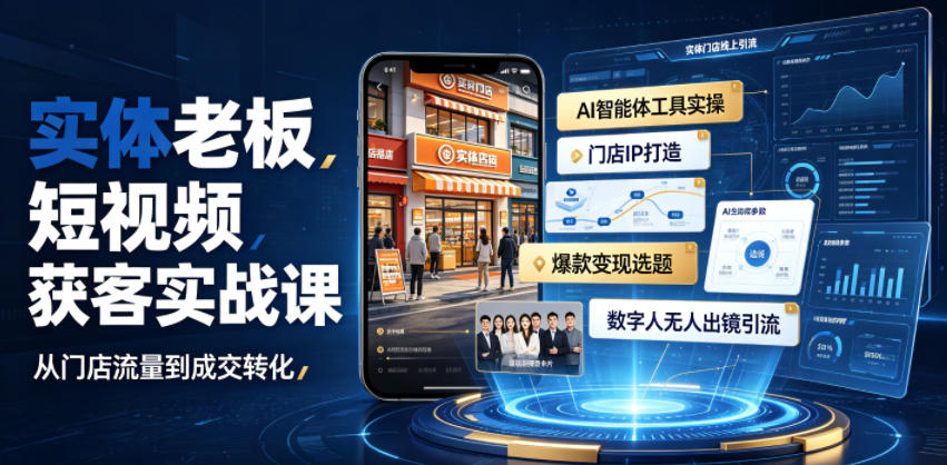 实体老板短视频获客实战课｜AI智能体工具全套实操、门店IP打造、爆款变现选题、数字人无人出镜引流完整教程-佰因轻创网