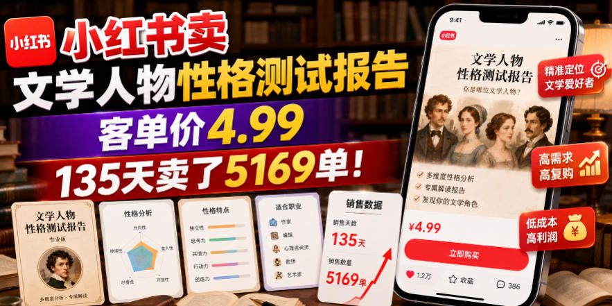 小红书卖文学人物性格测试报告，客单价4.99，135天卖了5169单！-佰因轻创网