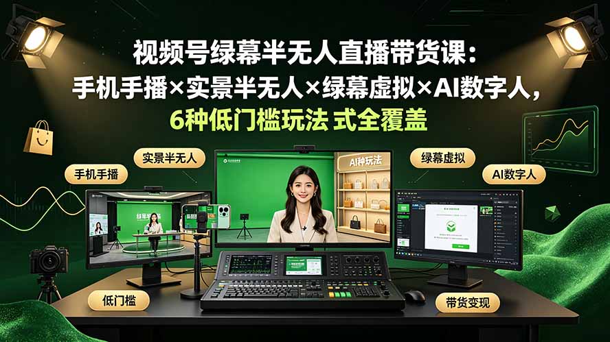 视频号绿幕半无人直播带货课：手机手播×实景半无人×绿幕虚拟×AI数字人，6种低门槛玩法全覆盖-佰因轻创网