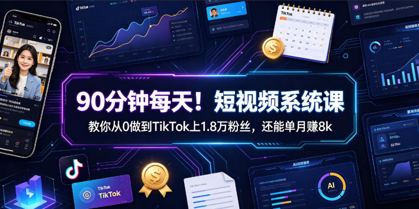 90分钟每天！短视频系统课教你从0做到TikTok上1.8万粉丝，还能单月賺8k【原创双语字幕】-佰因轻创网