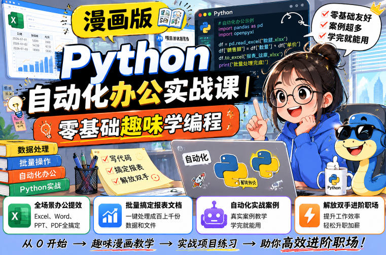 漫画版Python自动化办公实战课｜零基础趣味学编程，全场景办公提效、批量搞定报表文档、解放双手进阶职场-佰因轻创网