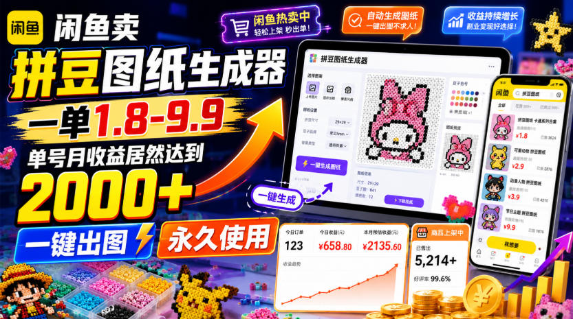 闲鱼卖拼豆图纸生成器，一单1.8-9.9，单号月收益居然达到2000+一键出图永久使用-佰因轻创网
