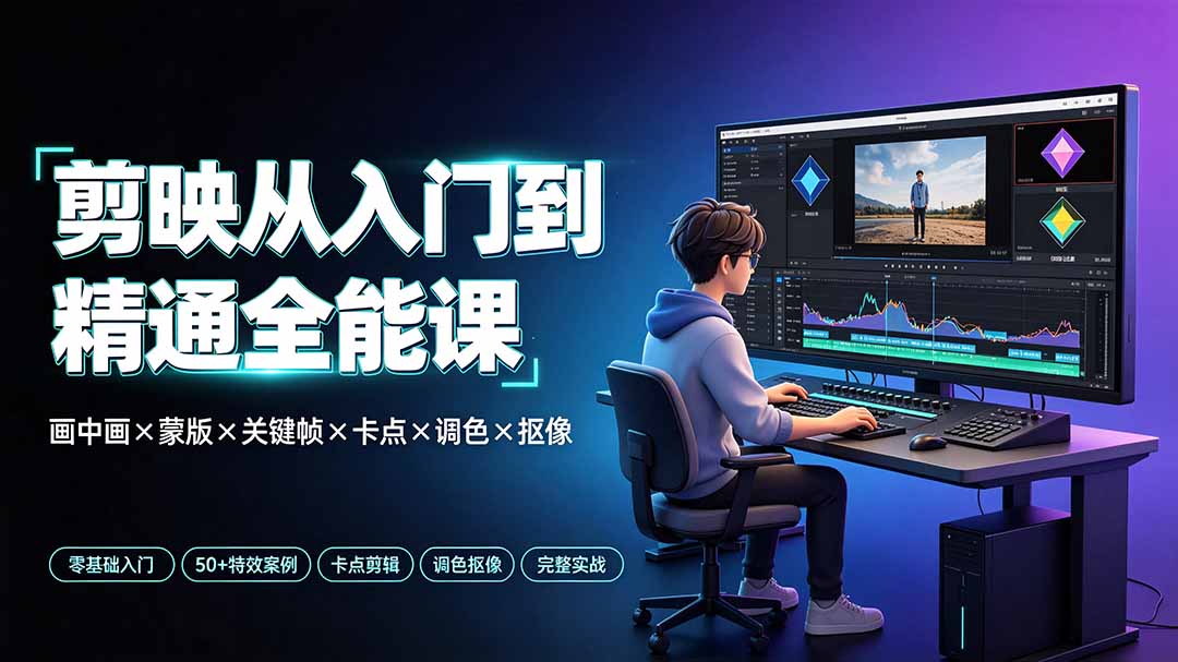 剪映从入门到精通全能课：画中画×蒙版×关键帧×卡点×调色×抠像，一站式掌握剪辑核心技能-佰因轻创网