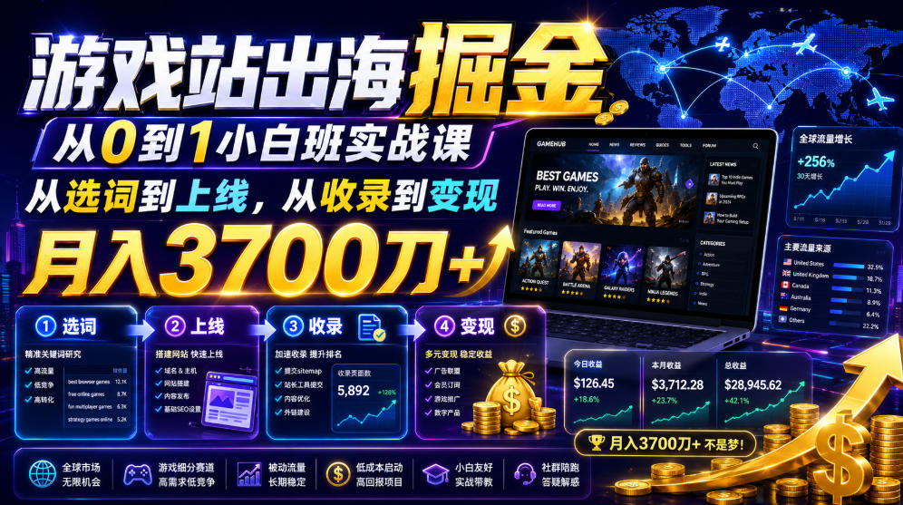 游戏站出海掘金从0到1小白实战课，从选词到上线，从收录到变现，月入3700刀+-佰因轻创网