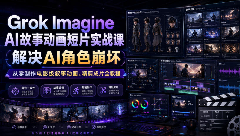 Grok Imagine AI故事动画短片实战课｜解决AI角色崩坏，从零制作电影级叙事动画、精剪成片全教程(中英字幕)-佰因轻创网