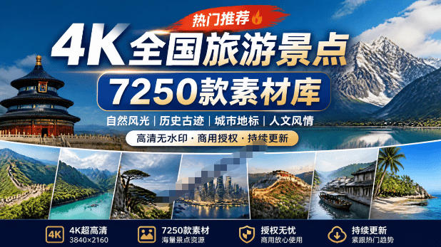 热门全国旅游风景素材！4K全国旅游景点素材库，7250款素材，旅行达人城市航拍风景风光高清短视频-佰因轻创网