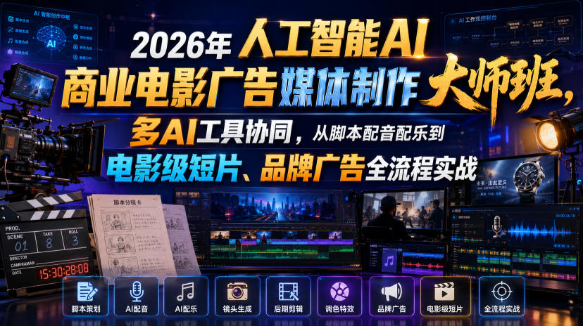2026年人工智能AI商业电影广告媒体制作大师班，多AI工具协同，从脚本配音配乐到电影级短片、品牌广告全流程实战(中英字幕)-佰因轻创网