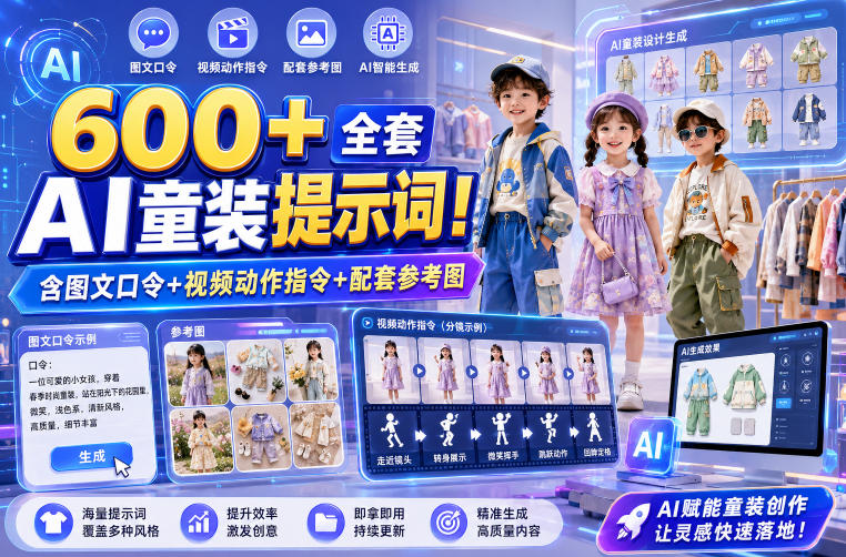 600+全套AI童装提示词！含图文口令+视频动作指令+配套参考图，Word-Excel规整分类，童装电商、种草无脑量产内容！-佰因轻创网
