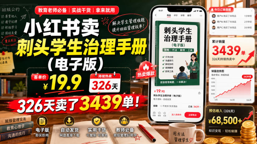 小红书卖刺头学生治理手册(电子版)，客单价19.9，326天卖了3439单！-佰因轻创网