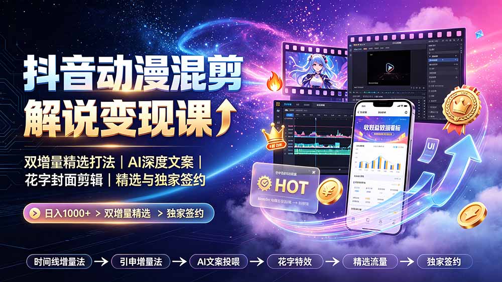 抖音动漫混剪解说变现课：双增量精选打法｜AI深度文案｜花字封面剪辑｜ 精选与独家签约日入1000+-佰因轻创网