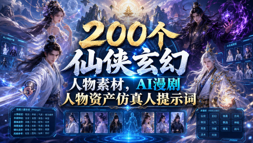 200个仙侠玄幻人物素材，AI漫剧人物资产仿真人提示词-佰因轻创网