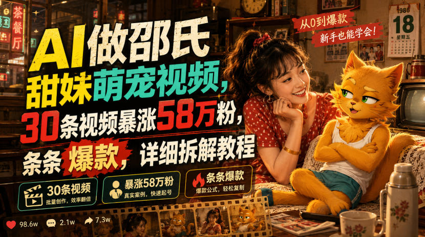 AI做邵氏甜妹萌宠视频，30条视频暴涨58万粉，条条爆款，详细拆解教程-佰因轻创网