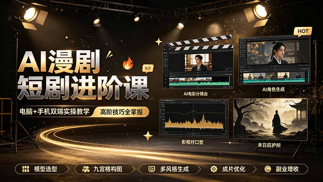 AI漫剧短剧进阶课｜电脑+手机双端实操教学｜影视剧对口型人物吃瓜×解压末日庇护所全程讲解，高阶技巧全掌握-佰因轻创网
