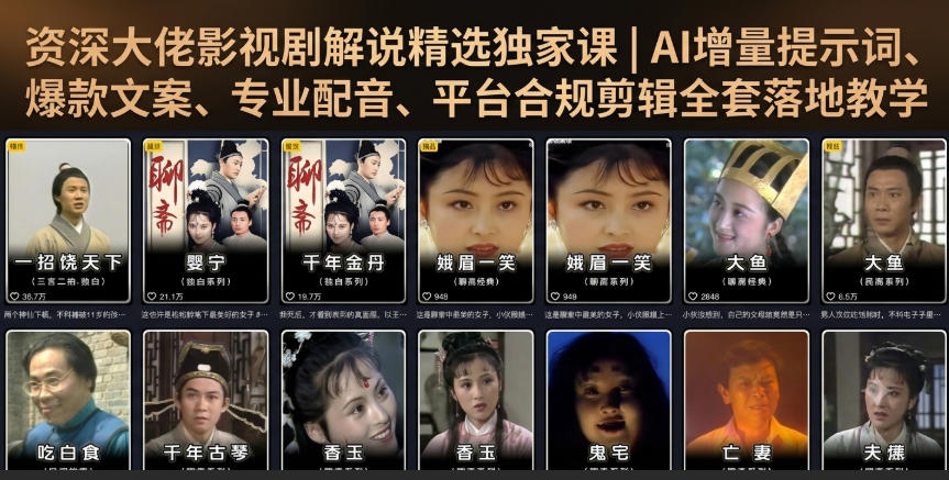资深大佬影视剧解说精选独家课｜AI增量提示词、爆款文案、专业配音、平台合规剪辑全套落地教学-佰因轻创网
