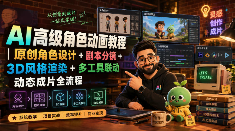 AI高级角色动画教程｜原创角色设计+剧本分镜+3D风格渲染+多工具联动动态成片全流程【中英字幕】-佰因轻创网