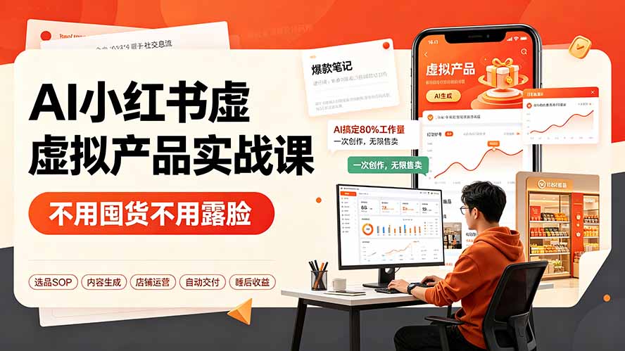 AI小红书虚拟产品实战课-更新：不用囤货不用露脸，AI搞定80%工作量，一次创作无限售卖睡后收益-佰因轻创网