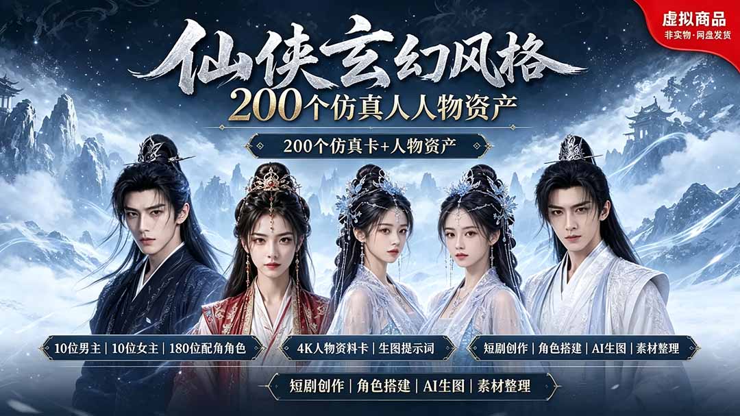 200个仙侠玄幻仿真人素材◆10男主×10女主×180配角，4K资料卡+AI生图提示词，漫剧必备-佰因轻创网