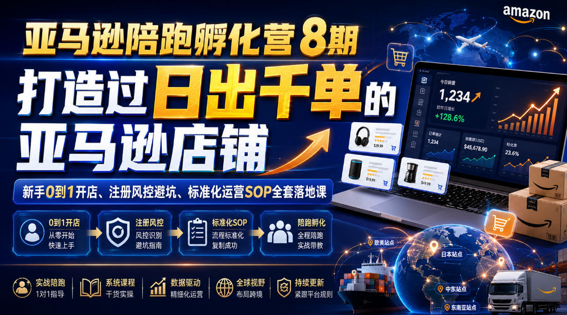 亚马逊陪跑孵化营8期，打造过日出千单的亚马逊店铺，新手0到1开店、注册风控避坑、标准化运营SOP全套落地课-佰因轻创网