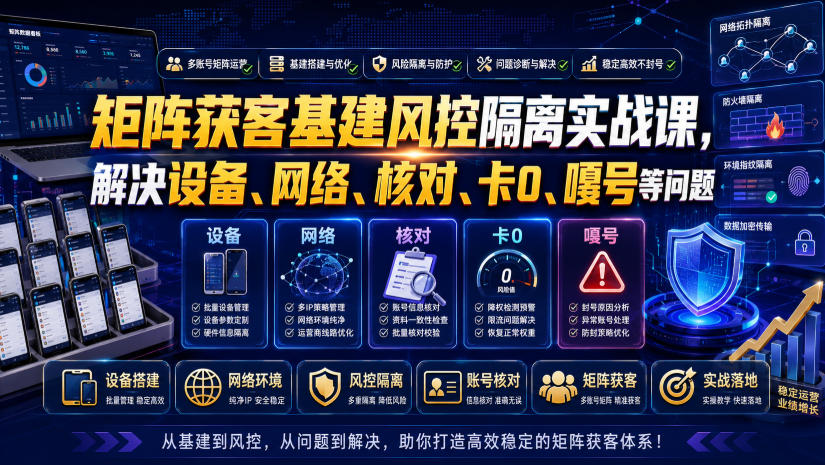 矩阵获客基建风控隔离实战课,解决设备、网络、核对、卡0、嘎号等问题-佰因轻创网