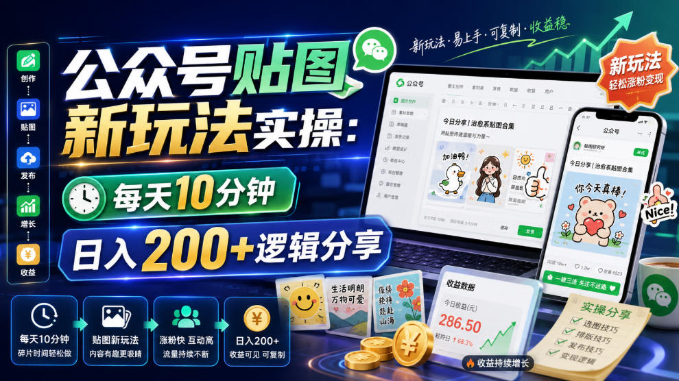 公众号贴图新玩法实操，每天10分钟，日入200+逻辑分享-佰因轻创网