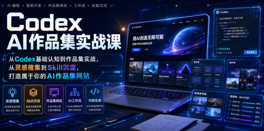 Codex AI作品集实战课，从Codex基础认知到作品集实战，从灵感搜集到Skill沉淀，打造属于你的AI作品集网站-佰因轻创网