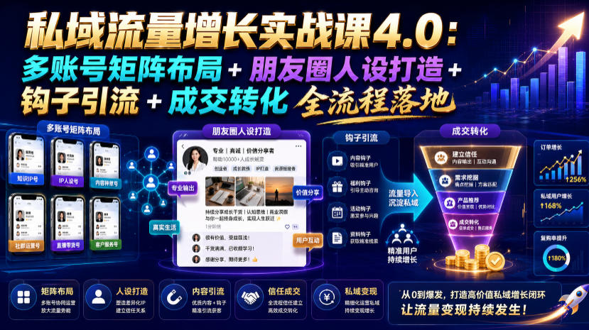 私域流量增长实战课4.0：多账号矩阵布局+朋友圈人设打造+钩子引流+成交转化全流程落地-佰因轻创网