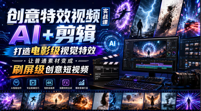 创意特效视频实战课,AI+剪辑打造电影级视觉特效,让普通素材变成刷屏级创意短视频-佰因轻创网