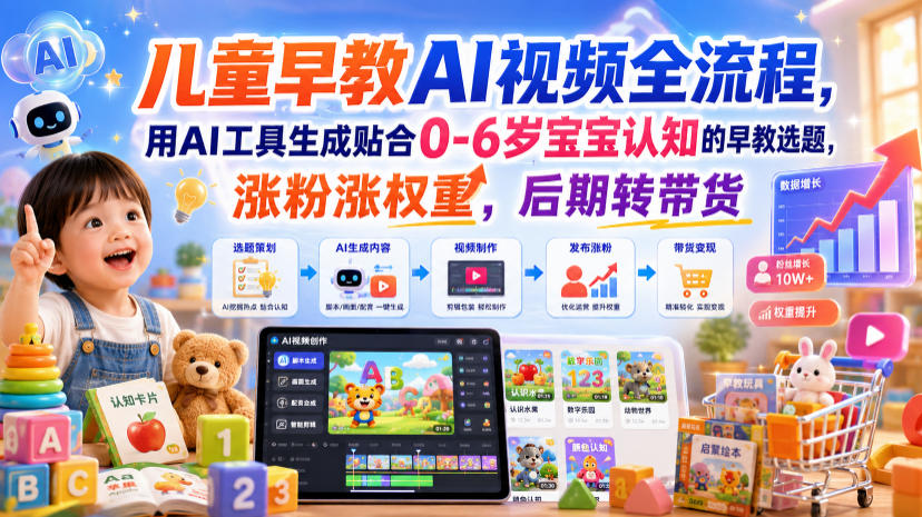 儿童早教AI视频全流程，用AI工具生成贴合0-6岁宝宝认知的早教选题，涨粉涨权重，后期转带货-佰因轻创网