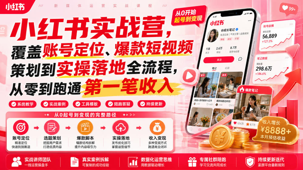 小红书实战营，覆盖账号定位、爆款短视频策划到实操落地全流程，从零到跑通第一笔收入-佰因轻创网