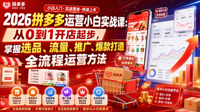 2026拼多多运营小白实战课：从0到1开店起步，掌握选品、流量、推广、爆款打造全流程运营方法-佰因轻创网