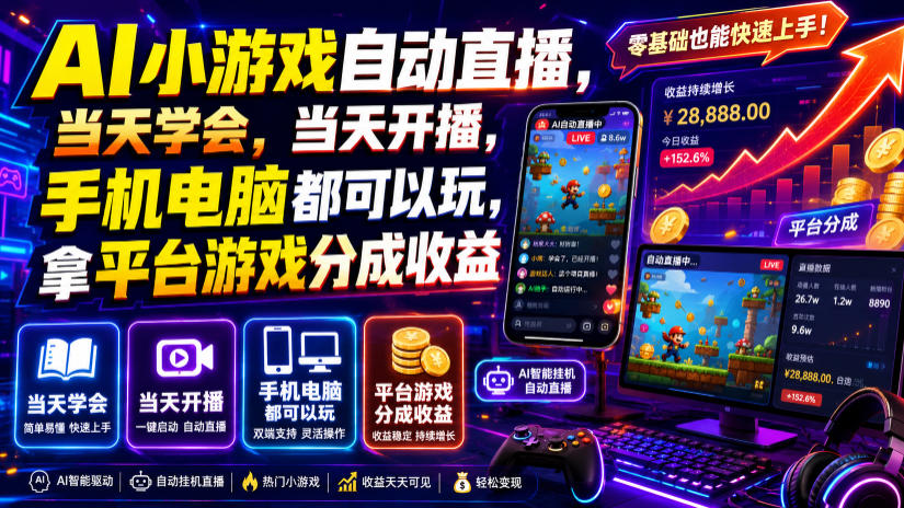 AI小游戏自动直播，当天学会，当天开播，手机电脑都可以玩，拿平台游戏分成收益-佰因轻创网