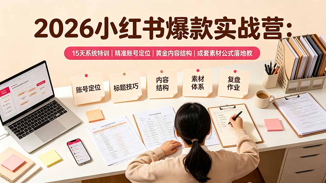 2026小红书爆款实战营:15天系统特训|精准账号定位|黄金内容结构|成套素材公式落地教程-佰因轻创网