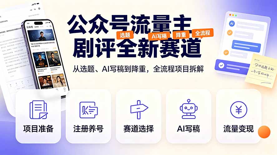 公众号流量主剧评全新赛道，从选题、AI写稿到降重，全流程项目拆解-佰因轻创网