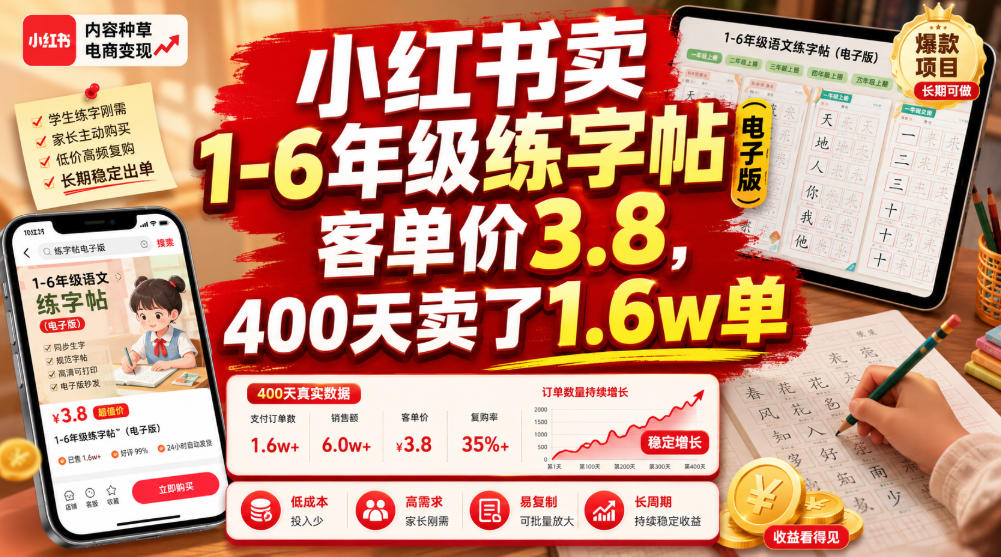 小红书卖1-6年级练字帖(电子版)，客单价3.8，400天卖了1.6w单-佰因轻创网