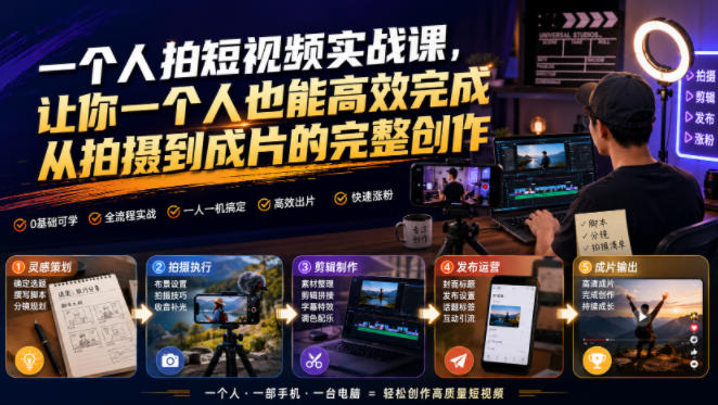 一个人拍短视频实战课，让你一个人也能高效完成从拍摄到成片的完整创作-佰因轻创网