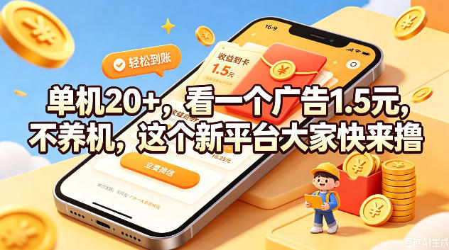 单机20+，看一个广告1.5米，不养机，这个新平台大家快来撸【揭秘】-佰因轻创网