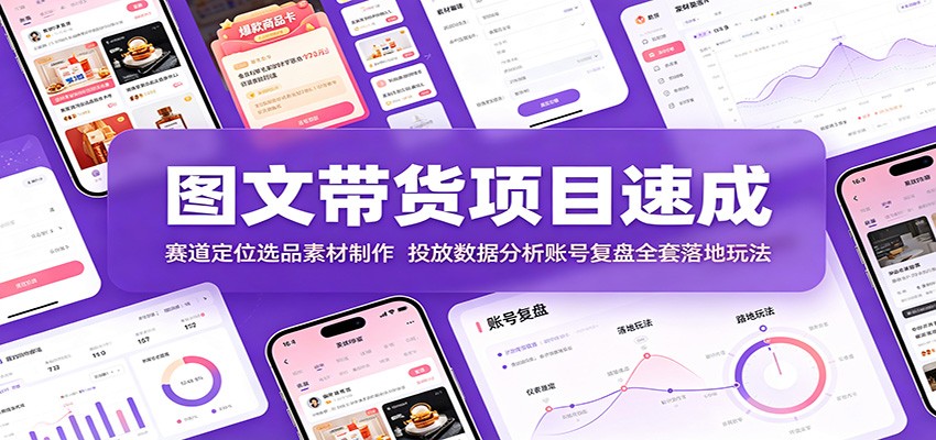 图文带货项目速成：赛道定位选品素材制作，投放数据分析账号复盘全套落地玩法-佰因轻创网