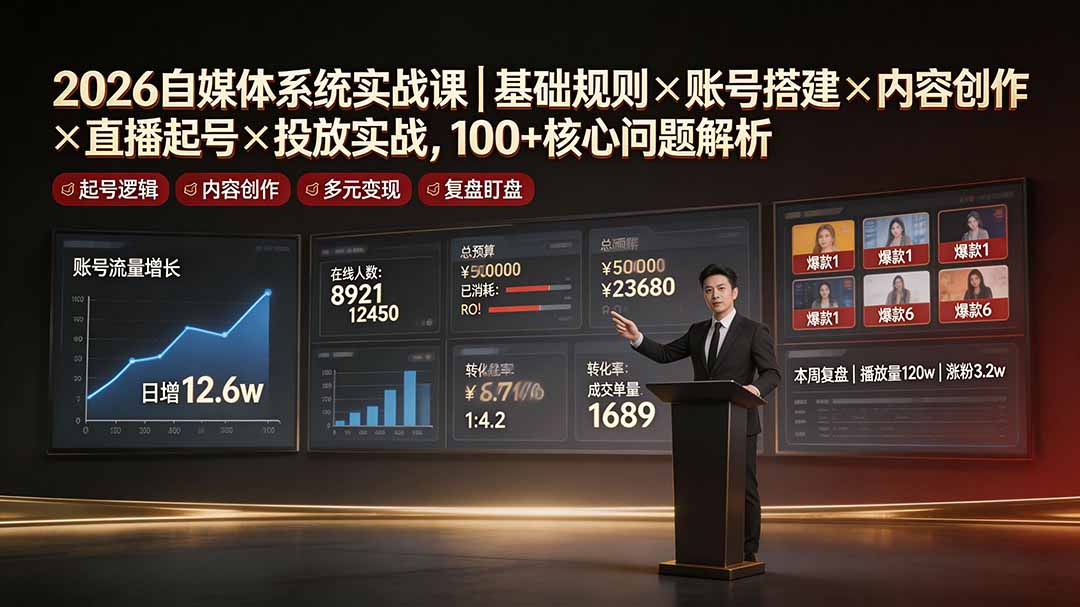 2026自媒体系统实战课|基础规则×账号搭建×内容创作×直播起号×投放实战,100+核心问题解析-佰因轻创网