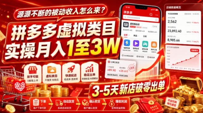 源源不断的被动收入怎么来？拼多多虚拟类目实操月入1至3W，3-5天新店破零出单-佰因轻创网