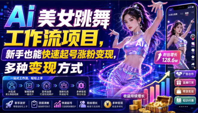 Ai美女跳舞工作流项目，新手也能快速起号涨粉变现，多种变现方式-佰因轻创网