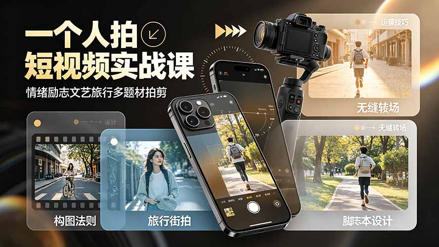 一个人拍短视频实战课：情绪励志文艺旅行多题材×五大景别×黄金构图×八大运镜，从拍摄到成片高效创作-佰因轻创网